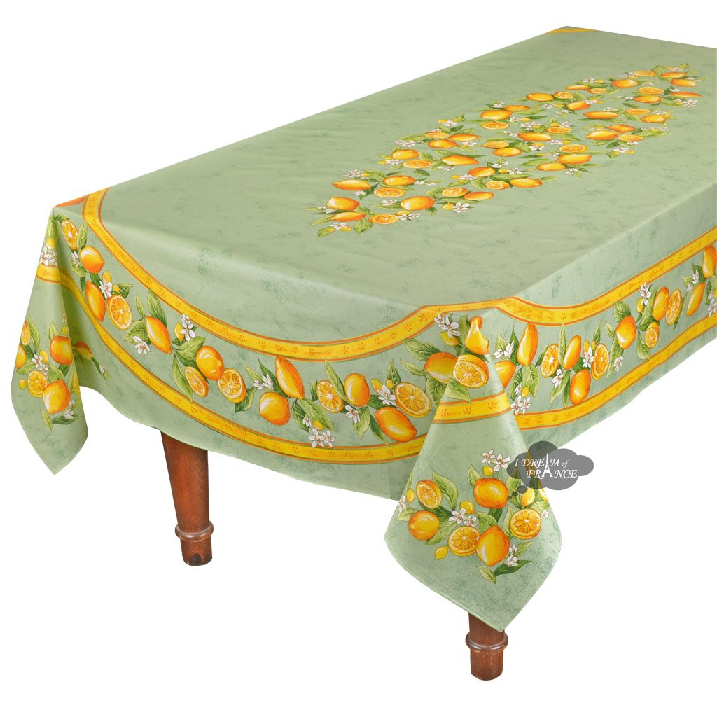 French Provencal tablecloth - Acrylic coated cotton, Spill-proof - 60x96" Rectangular - Lemons green | Tissus Toselli - MADE IN FRANCE