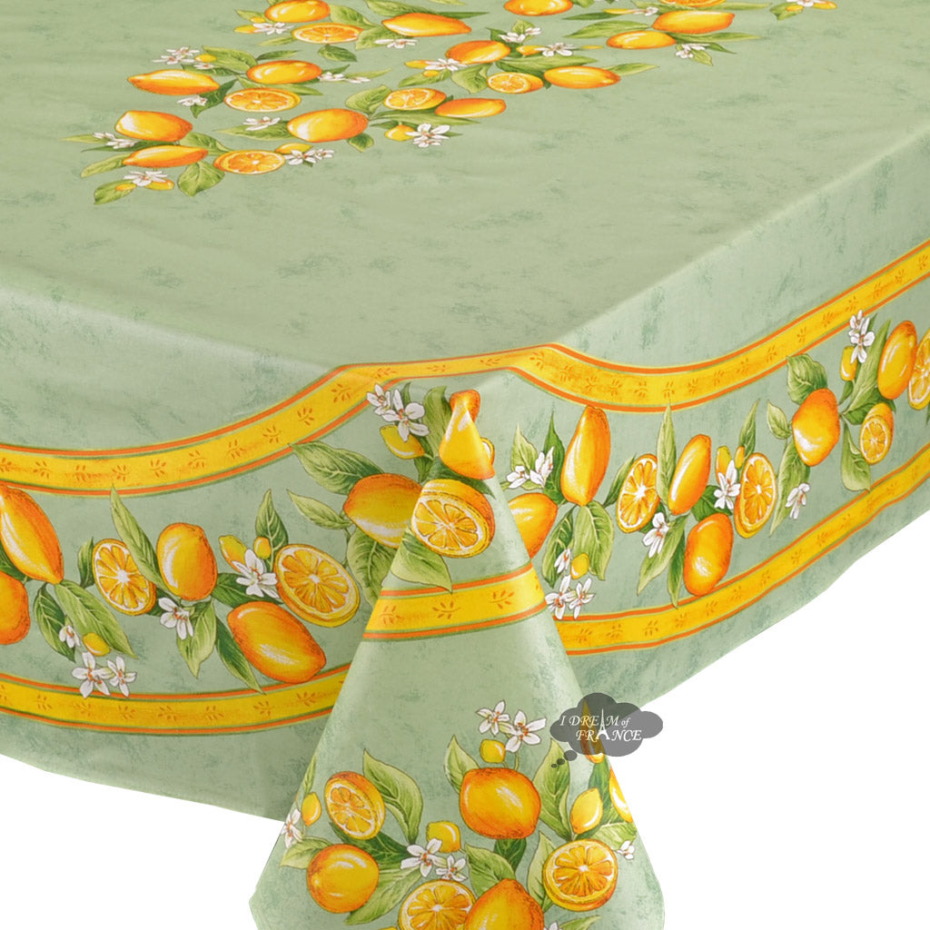 French Provencal tablecloth - Acrylic coated cotton, Spill-proof - 60x96" Rectangular - Lemons green | Tissus Toselli - MADE IN FRANCE