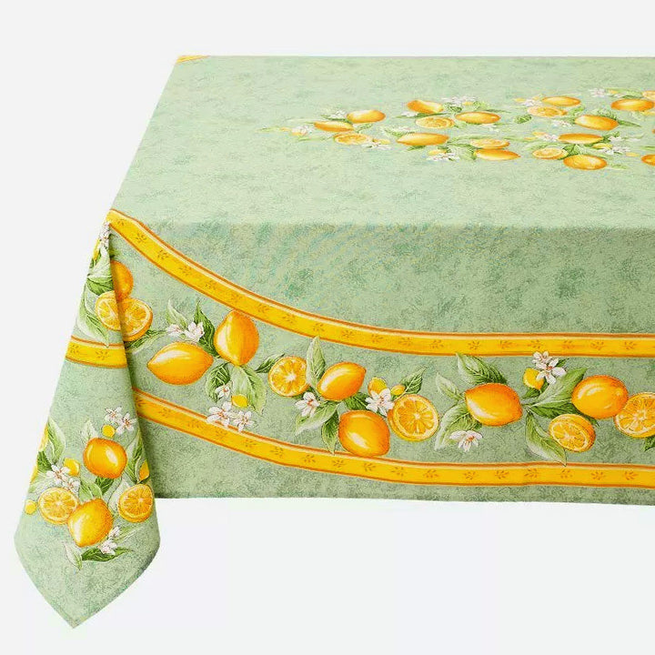 French Provencal tablecloth - Acrylic coated cotton, Spill-proof - 60x96" Rectangular - Lemons green | Tissus Toselli - MADE IN FRANCE