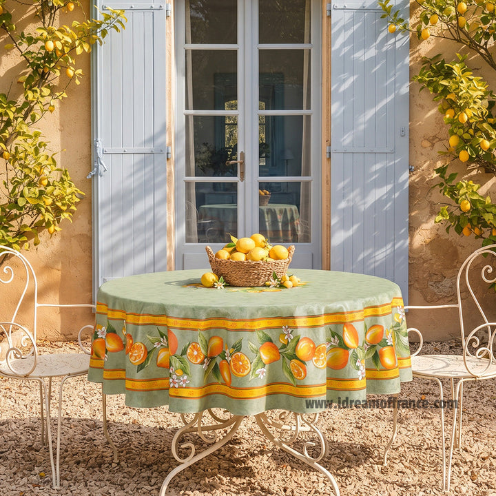 French Provencal tablecloth - Cotton, natural or acrylic-coated - 70" round - Lemon green | Tissus Toselli - MADE IN FRANCE