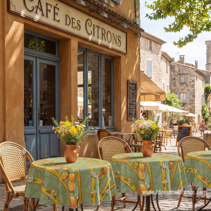 French Provencal tablecloth - Cotton, natural or acrylic-coated - 58" round - Lemon green | Tissus Toselli -MADE IN FRANCE