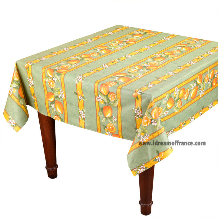 French Provencal tablecloth - Acrylic coated cotton, Spill-proof - 58" square - Lemons green | Tissus Toselli - MADE IN FRANCE
