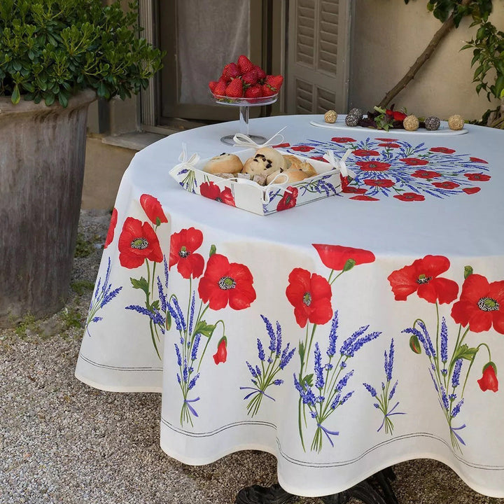 French Provencal tablecloth - Acrylic coated cotton, Spill-proof - 70" round - Poppies ivory | Tissus Toselli - MADE IN FRANCE