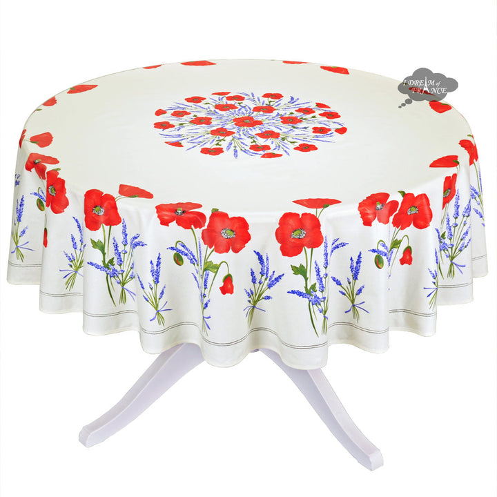 French Provencal tablecloth - Acrylic coated cotton, Spill-proof - 70" round - Poppies ivory | Tissus Toselli - MADE IN FRANCE