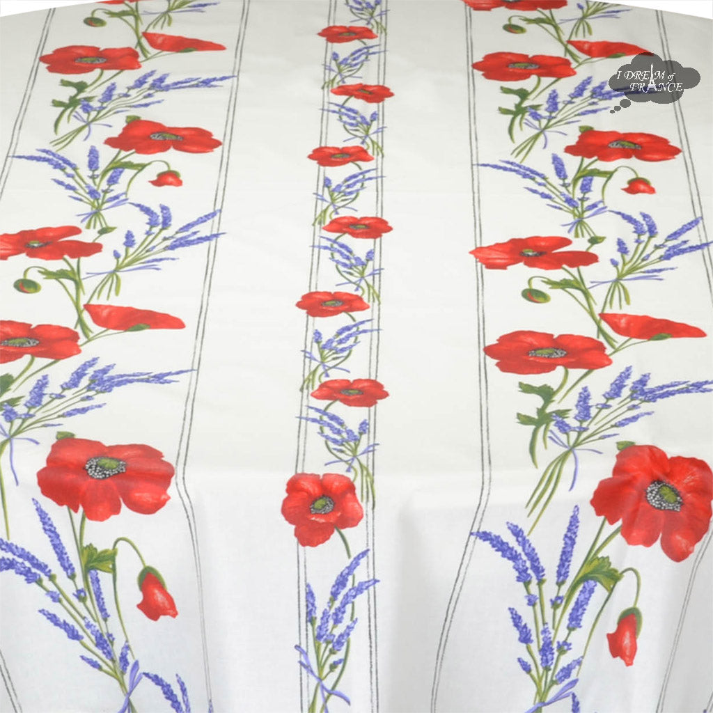 French Provencal tablecloth - Acrylic coated cotton, Spill-proof - 58" round - Poppies ivory | Tissus Toselli - MADE IN FRANCE