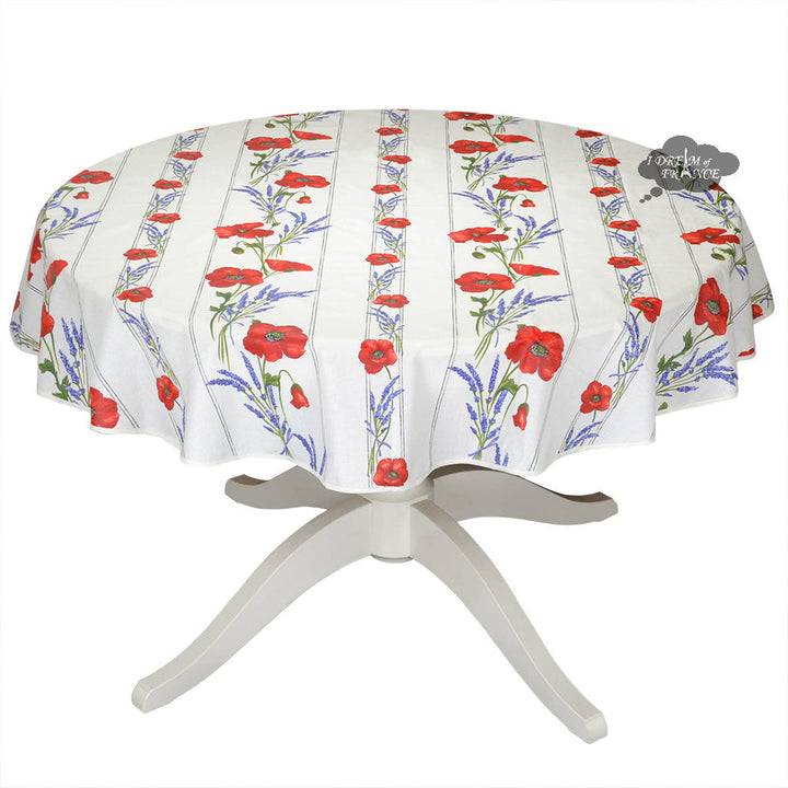 French Provencal tablecloth - Acrylic coated cotton, Spill-proof - 58" round - Poppies ivory | Tissus Toselli - MADE IN FRANCE