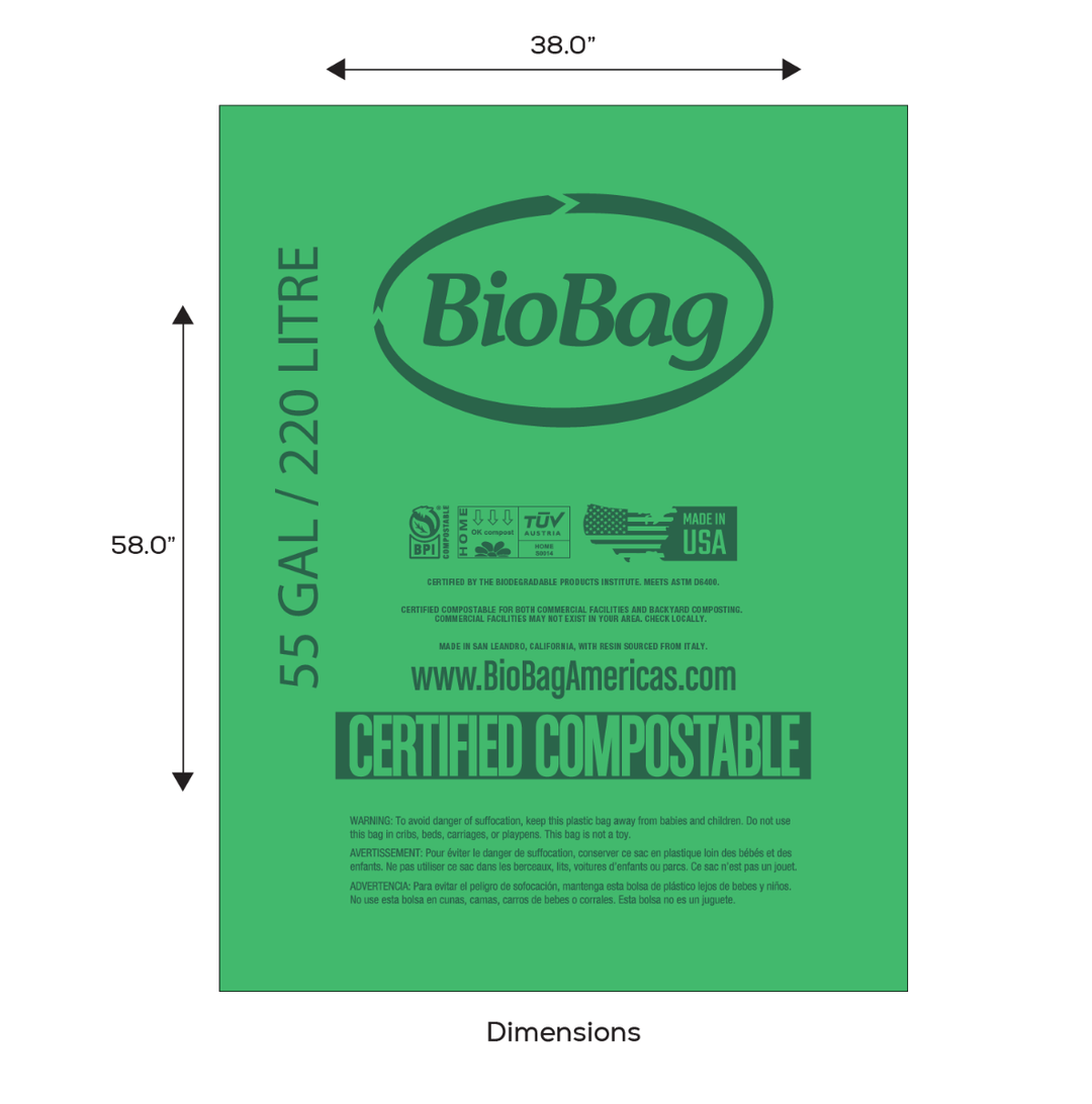 BioBag 55 Gallon Compostable Bags 38x58 Green (QTY 80), BPI Certified, SKU 55G3858