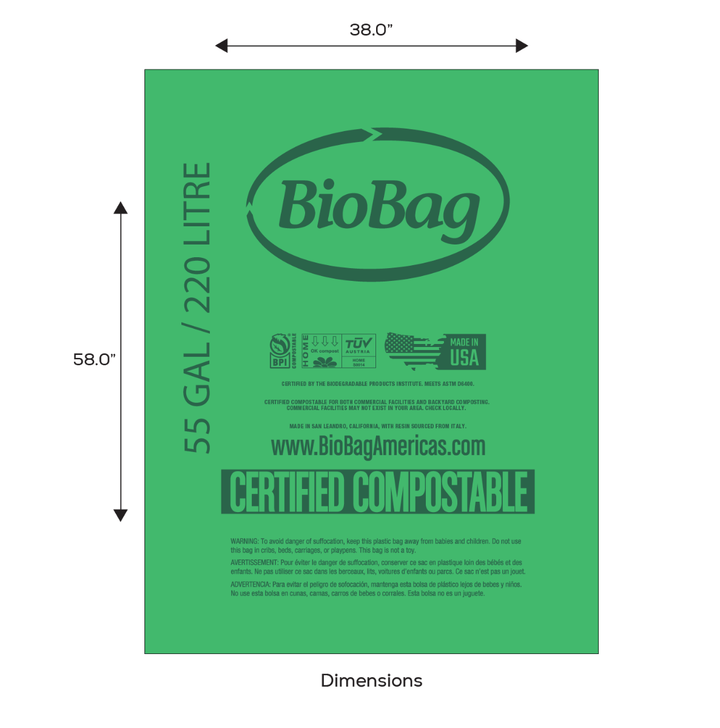BioBag 55 Gallon Compostable Bags 38x58 Green (QTY 80), BPI Certified, SKU 55G3858