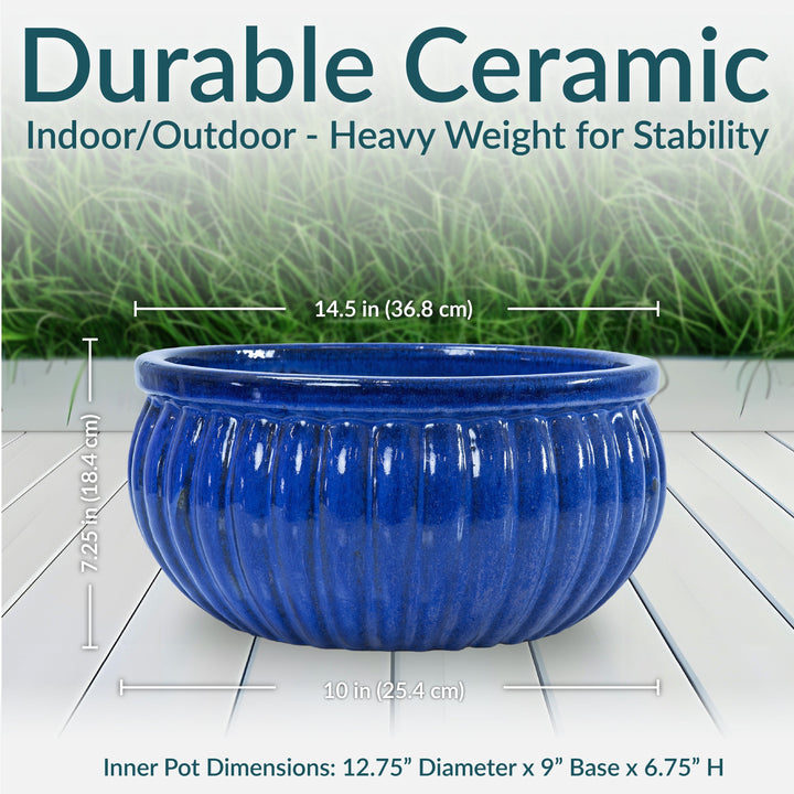 Ribbed Glazed Ceramic Planter Bowl - Imperial Blue