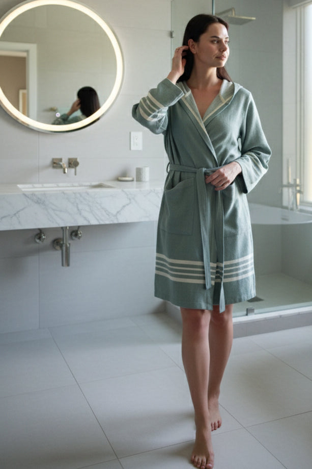 Organic Turkish Cotton Short Bathrobe with Hood – Lightweight Robe