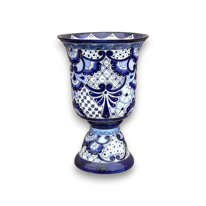 Extra Large Talavera Planter | Hand-Painted Blue Pedestal Flower Pot