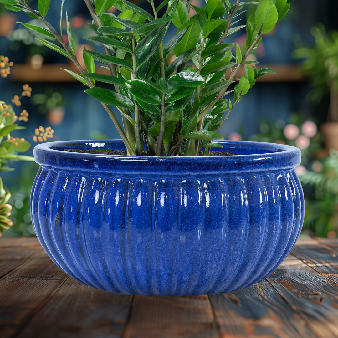 Ribbed Glazed Ceramic Planter Bowl - Imperial Blue