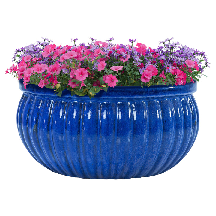 Ribbed Glazed Ceramic Planter Bowl - Imperial Blue