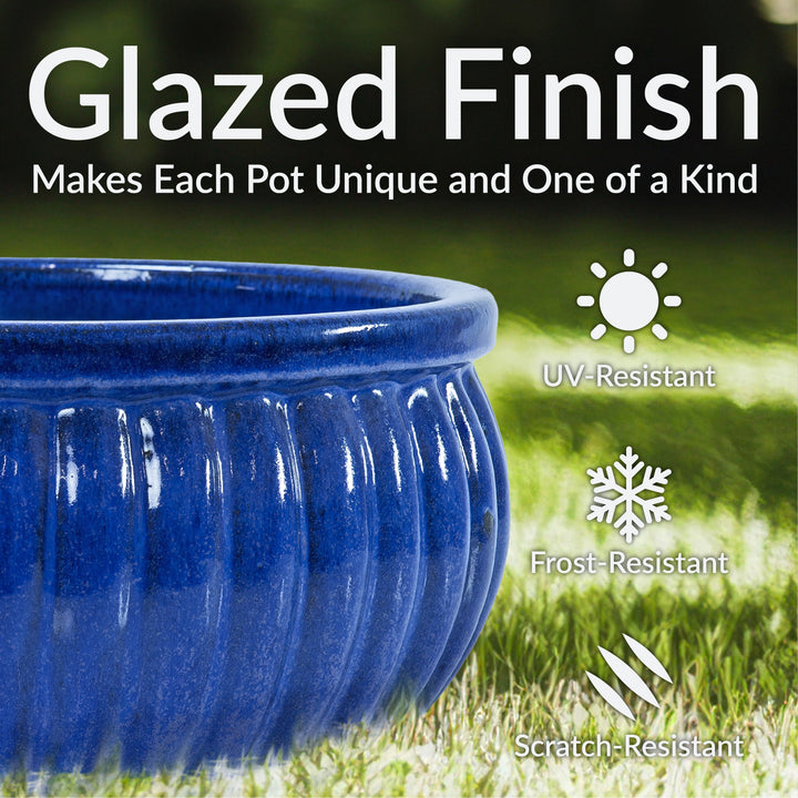 Ribbed Glazed Ceramic Planter Bowl - Imperial Blue