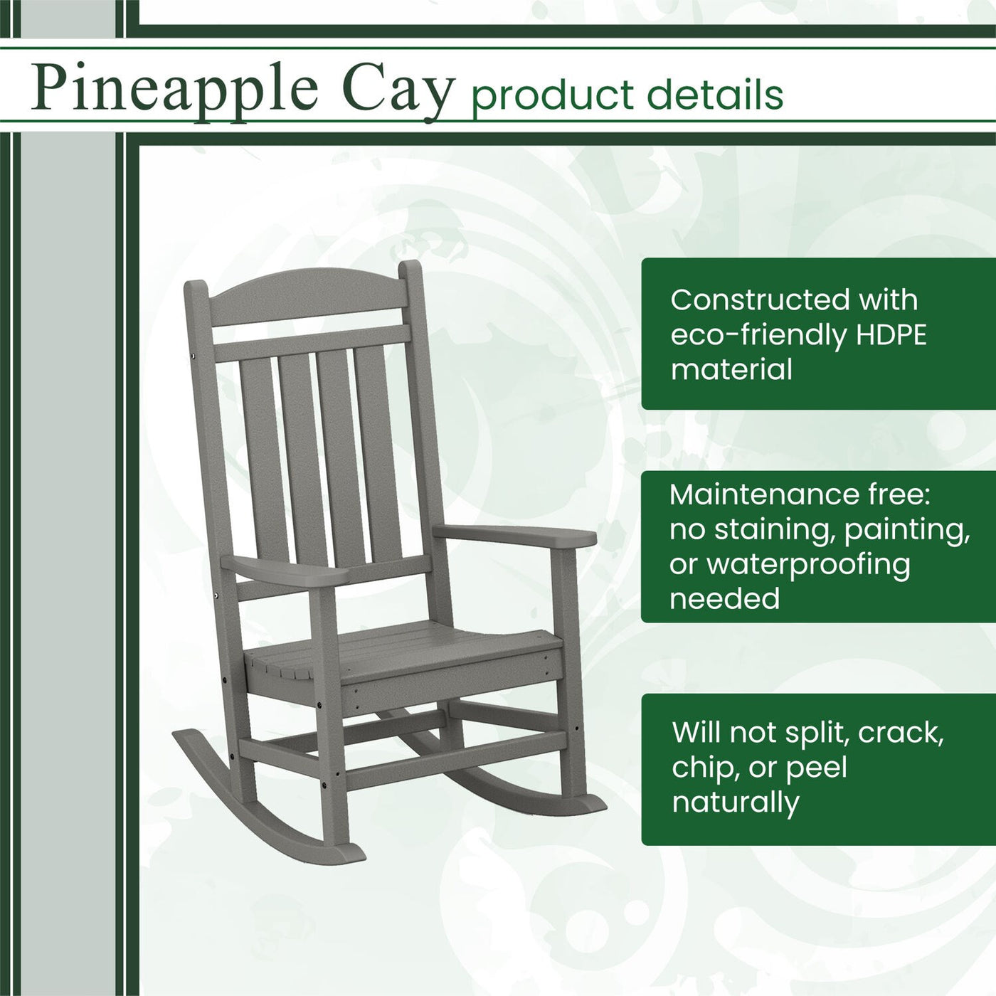 Hanover All-Weather Pineapple Cay Porch Rocker - Grey - GreenLivingSupply-Store