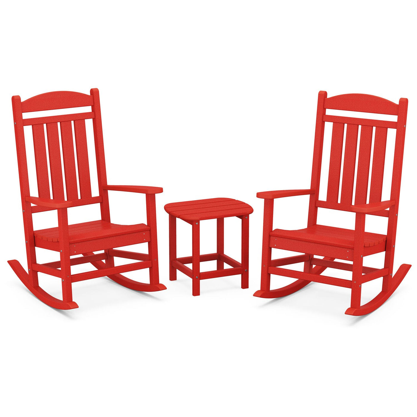 Hanover All-Weather Porch Rocker Set: 2 Porch Rockers and Side Table - Sunset Red